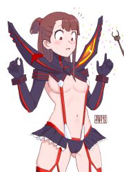  1girl breasts brown_hair cameltoe cleft_of_venus company_connection cosplay gluteal_fold hanamuko kagari_atsuko kill_la_kill light_blush little_witch_academia living_clothes matoi_ryuuko matoi_ryuuko_(cosplay) medium_breasts medium_hair navel red_eyes revealing_clothes short_ponytail solo suspenders wand  rating:Questionable score:59 user:danbooru