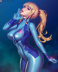 1girl artist_name blonde_hair blue_background blue_bodysuit blue_eyes bodysuit collarbone covered_erect_nipples covered_navel cowboy_shot female_focus from_side glowing hair_tie hand_up leaning_forward licking licking_finger long_hair looking_at_viewer looking_to_the_side metroid nikichen nintendo open_mouth patreon_logo samus_aran shiny_clothes sidelocks skin_tight solo tongue tongue_out zero_suit rating:Sensitive score:153 user:danbooru