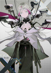  1girl aamond absurdres aegyo_sal amputee belt black_belt black_skirt closed_mouth cyborg double_amputee feet_out_of_frame grey_eyes grey_hair highres jacket long_hair looking_at_viewer mechanical_parts multicolored_hair o-ring o-ring_belt off_shoulder original ribs security_camera skirt solo streaked_hair symbol-shaped_pupils white_jacket x-shaped_pupils 