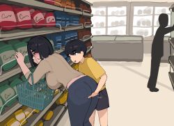  bent_over black_hair blue_eyes blush covering_own_mouth fingering fingering_through_clothes groping hand_over_own_mouth incest molestation mother_(pepper0) mother_and_son motion_lines pepper0 public_indecency surprised through_clothes yellow_shirt_brother_(pepper0) 