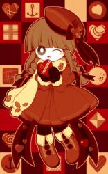  1girl alternate_costume anchor_symbol blunt_bangs blush_stickers box braid bright_pupils brown_hair buttons candy checkerboard_cookie colored_skin cookie dress food frilled_dress frills full_body funamusea funamusea_(artist) fur-trimmed_sleeves fur_scarf fur_trim gloves grey_eyes hat hat_ribbon heart heart-shaped_box holding holding_box long_hair looking_at_viewer one_eye_closed oounabara_to_wadanohara open_mouth outline patterned_background promotional_art red_background red_dress red_footwear red_gloves red_hat red_ribbon red_theme ribbon sidelocks solo square standing striped_clothes striped_thighhighs thighhighs twin_braids valentine vertical-striped_clothes vertical-striped_thighhighs wadanohara white_outline white_pupils white_skin 
