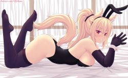 1girl animal_ear_fluff animal_ears ass bare_shoulders black_gloves black_leotard black_thighhighs blonde_hair blush breasts cat_ears cat_tail cuff_links elbow_gloves fake_animal_ears feet feet_up full_body gloves hair_between_eyes hairband highres indoors large_breasts leotard long_hair looking_at_viewer lying nottytiffy on_stomach original own_hands_together patreon_username playboy_bunny ponytail rabbit_ears red_eyes sideboob sidelocks skindentation smile solo tail thighhighs thighs tiffy_(nottytiffy) rating:Sensitive score:100 user:danbooru
