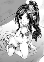  10s 1girl arulumaya bikini breasts commentary_request crescent crescent_hair_ornament feet flower granblue_fantasy greyscale hair_flower hair_ornament hand_on_own_cheek hand_on_own_face harvin bridal_garter long_hair looking_at_viewer mole mole_under_eye monochrome mushi024 pointy_ears sitting small_breasts solo stomach swimsuit toes  rating:Sensitive score:62 user:danbooru