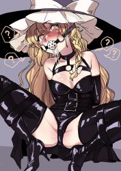 1girl ? arms_behind_back ball_gag bdsm belt blonde_hair blush bondage bondage_outfit boots bound braid breasts collar drooling frogtie gag gagged harness hat high_heels highres kirisame_marisa long_hair slave spread_legs thigh_boots thighhighs touhou ushikousen wiffle_gag witch_hat yellow_eyes rating:Questionable score:64 user:danbooru