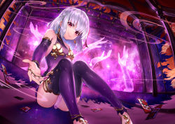  1girl absurdres bare_shoulders card detached_sleeves dress earrings essual_(layer_world) fate/grand_order fate_(series) hair_ribbon highres jewelry kama_(fate) kama_(first_ascension)_(fate) looking_at_viewer nail_polish purple_dress purple_legwear purple_nails purple_sleeves reaching reaching_towards_viewer red_eyes red_ribbon ribbon short_dress silver_hair sitting sleeveless sleeveless_dress smile solo sparkle  rating:Sensitive score:11 user:danbooru
