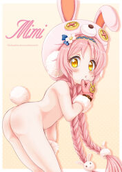  1girl animal_ears animal_hat ass bent_over blush braid buttons character_name completely_nude earmuffs fake_animal_ears female_focus from_side gloves hand_to_own_mouth hat kahis_(sweetbriar) leaning_forward loli long_braid long_hair looking_at_viewer looking_back mimi_(princess_connect!) nude open_mouth pink_gloves pink_hair princess_connect! rabbit_ears rabbit_tail solo tail thighs twin_braids twintails very_long_hair yellow_eyes 