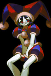  1girl absurdres between_legs black_background black_hair blue_gloves blue_hat gloves hand_between_legs hat highres jester_cap mime_404 pomni_(the_amazing_digital_circus) puffy_short_sleeves puffy_sleeves red_eyes red_gloves red_hat short_sleeves simple_background solo striped_clothes striped_headwear the_amazing_digital_circus two-tone_eyes  rating:General score:5 user:danbooru