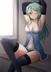 1girl armpits arms_up babydoll bang_dream! bare_shoulders black_thighhighs blue_babydoll blue_panties blush bow bow_panties breasts closed_mouth collarbone commentary day elbow_gloves frills gloves green_eyes green_hair grey_thighhighs hair_between_eyes head_tilt highres hikawa_sayo indoors kazenokaze long_hair looking_at_viewer medium_breasts navel one_eye_closed panties sitting solo sunlight thighhighs underwear underwear_only very_long_hair wavy_mouth window rating:Sensitive score:12 user:danbooru