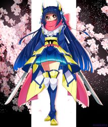  1girl alternate_color artist_name blue_hair blue_skirt blue_thighhighs branch cherry_blossoms covered_mouth creatures_(company) dual_wielding flower full_body game_freak gen_6_pokemon greninja holding holding_sword holding_weapon long_hair looking_at_viewer momosiro nintendo personification pink_scarf plant pleated_skirt pokemon scarf shiny_skin skirt solo standing star-shaped_pupils star_(symbol) sword symbol-shaped_pupils thighhighs tree weapon zettai_ryouiki 
