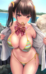  1girl bare_shoulders bikini black_hair blush bow bowtie breasts cleavage commentary_request cowboy_shot day halterneck kase_daiki large_breasts long_hair mole mole_on_breast mouth_hold navel open_mouth original outdoors red_bow red_bowtie red_eyes revision shirt side-tie_bikini_bottom solo standing stomach string_bikini swimsuit thigh_gap twintails wet white_shirt  rating:Sensitive score:143 user:danbooru