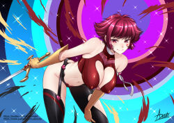  1girl adsouto breasts collarbone covered_erect_nipples cutie_honey cutie_honey_(character) cutie_honey_universe facial_tattoo garter_straps gloves hand_on_own_thigh highres holding holding_sword holding_weapon large_breasts leaning_forward looking_at_viewer navel red_eyes red_hair short_hair signature smile solo sword tattoo thighhighs variant_set weapon yellow_gloves 