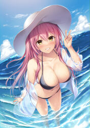1girl bikini black_bikini blue_sky breasts cleavage cloud cloudy_sky collarbone commentary_request day fingernails hair_between_eyes hat highres large_breasts long_hair long_sleeves looking_at_viewer massan navel original outdoors pink_hair see-through see-through_shirt shirt sky smile solo stomach sun_hat swimsuit teeth thighs v wading water white_hat white_shirt yellow_eyes
