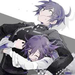  2boys ^_^ ahoge annoyed arm_belt belt black_jacket black_pants black_scarf black_sleeves blue_hair checkered_clothes checkered_scarf closed_eyes closed_mouth collared_jacket danganronpa_(series) danganronpa_v3:_killing_harmony dated eyelashes flying_sweatdrops frown green_eyes grey_background hair_between_eyes high_collar hug hug_from_behind jacket layered_sleeves leaning_back long_sleeves looking_ahead male_focus multiple_belts multiple_boys oma_kokichi open_mouth pants pinstripe_jacket pinstripe_pants pinstripe_pattern pocket purple_hair saihara_shuichi scarf shadow short_hair signature sleeves_past_wrists smile sweat teeth torn_clothes torn_jacket torn_scarf two-tone_background two-tone_scarf u_u_ki_u_u unmoving_pattern upper_body upper_teeth_only vertical-striped_sleeves white_background white_belt white_jacket white_scarf white_sleeves 