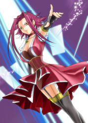  1girl black_gloves black_thighhighs breasts brown_eyes choker cleavage dress dutch_angle elbow_gloves fingerless_gloves gloves izayoi_aki jewelry large_breasts matokichi medal necklace pointing red_hair solo thighhighs yu-gi-oh! yu-gi-oh!_5d&#039;s zettai_ryouiki  rating:Sensitive score:24 user:Princess_of_Hoenn