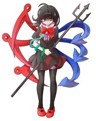  1girl ahoge alphes_(style) animal asymmetrical_wings black_dress black_hair black_thighhighs blue_wings bow bowtie buttons closed_mouth dairi dress eyebrows frills full_body hair_between_eyes holding holding_weapon houjuu_nue legs_apart long_hair looking_at_viewer parody polearm red_bow red_bowtie red_eyes red_footwear red_wings short_sleeves snake solo standing style_parody thighhighs touhou transparent_background trident weapon wings zettai_ryouiki 