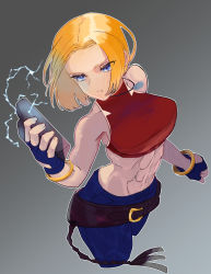  &gt;:( abs bangle belt belt_buckle blonde_hair blue_eyes blue_mary bob_cut bracelet breasts buckle covered_collarbone crop_top cropped_legs denim electricity fatal_fury fingerless_gloves forehead from_above gloves gold highres jeans jewelry kodomodamashi looking_at_object medium_breasts midriff necklace off-shoulder_shirt off_shoulder pants parted_hair pendant red_shirt sash shirt short_hair snk taut_clothes taut_shirt the_king_of_fighters tsurime 