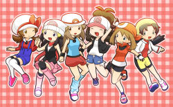  00s 10s 1990s_(style) 6+girls bandana boots creatures_(company) dawn_(pokemon) everyone game_freak hat hat_ribbon hilda_(pokemon) kris_(pokemon) leaf_(pokemon) lyra_(pokemon) may_(pokemon) multiple_girls nintendo pink_footwear pokemon pokemon_bw pokemon_dppt pokemon_frlg pokemon_gsc pokemon_hgss pokemon_rgby pokemon_rse red_ribbon retro_artstyle ribbon samsung_(yuzuikka) thighhighs  rating:Sensitive score:21 user:danbooru