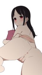  1girl alternate_hairstyle anus arm_support ass ass_focus back black_hair blush camisole camisole_lift cleft_of_venus closed_mouth clothes_lift coro_fae cum cum_in_ass cum_in_pussy dot_nose feet_out_of_frame groin highres kaguya-sama_wa_kokurasetai_~tensai-tachi_no_renai_zunousen~ long_hair looking_at_viewer looking_back lying nude parted_bangs parted_lips pillow pussy red_eyes shinomiya_kaguya sidelocks simple_background solo strap_slip thighs uncensored white_background 