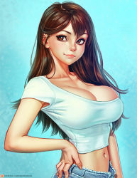 1girl breasts brown_eyes brown_hair cleavage crop_top denim face hand_on_own_hip large_breasts lips long_hair looking_at_viewer nikichen open_fly original shirt solo studying t-shirt rating:Sensitive score:123 user:danbooru