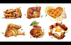  apple bacon banana banana_slice chocolate_chip_cookie commentary cookie croissant egg_(food) food food_focus fried_egg fruit heart-shaped_food ichiknees no_humans original pastry strawberry tomato waffle whipped_cream white_background 