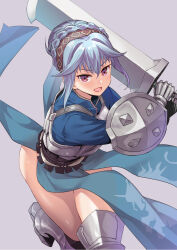 1girl armor armored_boots armored_dress blue_dress blue_hair blush boots braid braided_bun breastplate breasts buckler crown_braid dress greatsword hair_bun hairband highres large_breasts looking_at_viewer medium_hair ono_misao open_mouth purple_eyes shield sidelocks smile solo sword thighs unicorn_overlord virginia_(unicorn_overlord) weapon 