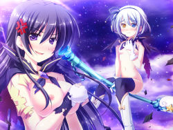  2girls akatoki! anger_vein bottomless breasts cloud covering_privates covering_breasts embarrassed flying game_cg gloves heterochromia kurushima_lily large_breasts long_hair mashiro_sayaka multiple_girls navel nipples no_bra no_panties purple_eyes short_hair small_breasts star_(symbol) thighhighs topless torn_clothes wardrobe_malfunction white_hair  rating:Questionable score:21 user:Vixen