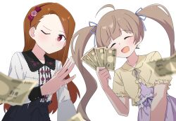  2girls :d absurdres ahoge banknote blue_skirt blurry blurry_foreground blush brown_hair capelet closed_eyes collarbone dress hakozaki_serika highres holding holding_money idolmaster long_hair looking_at_viewer minase_iori money multiple_girls one_eye_closed open_mouth orange_hair pink_dress purple_eyes shirt shirt_tucked_in short_sleeves simple_background skirt smile twintails white_background white_shirt yellow_capelet 