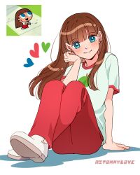 1girl aged_up aitommylove blue_eyes brown_hair closed_mouth highres long_hair pants powerpuff_girls red_pants robin_snyder_(ppg) shirt shoes smile solo white_shirt 
