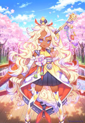  1girl age_of_ishtaria black_skirt blonde_hair blue_sky cherry_blossoms closed_umbrella commentary fang gradient_hair highres holding holding_umbrella japanese_clothes kimono long_hair looking_at_viewer multicolored_hair munlu_(wolupus) official_art open_mouth outdoors pleated_skirt purple_eyes purple_hair shishi_(age_of_ishtaria) skirt sky solo thick_eyebrows thighhighs umbrella wavy_hair white_thighhighs 