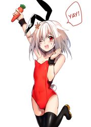  1boy androgynous animal_ears bulge carrot erubo fake_animal_ears flower hair_flower hair_ornament hard-translated leotard looking_at_viewer male_focus one_eye_closed open_mouth original playboy_bunny rabbit_ears rabbit_tail red_eyes short_hair silver_hair simple_background smile solo tail thighhighs third-party_edit translated trap white_background wink wrist_cuffs yohane_bonaventura 