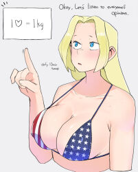  1girl america_(ohasi) american_flag american_flag_print bare_arms bare_shoulders bikini blue_eyes blush breasts cleavage collarbone english_text flag_print hand_up large_breasts long_hair ohasi open_mouth original parted_bangs shiny_skin skindentation solo sweat swimsuit upper_body  rating:Sensitive score:5 user:Sexy_Prince