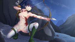 1girl aiming armpits arrow_(projectile) blood blood_on_breasts blood_on_clothes blood_on_face blue_hair blunt_bangs boots boulder bow_(weapon) breasts bruise cinnamyon cloud commission commissioner_upload dark_blue_hair drawing_bow female_focus grey_eyes hime_cut holding holding_bow_(weapon) holding_weapon injury knee_up long_hair medium_breasts motion_lines mountain night nipples nude on_one_knee original ponytail pussy quiver sidelocks solo squatting stormwyrm taking_cover thighhighs uncensored weapon rating:Explicit score:29 user:stormwyrm861
