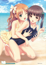 00s 10s 2009 2girls ;d absurdres barefoot beach bow grabbing_another&#039;s_breast breasts brown_eyes brown_hair casual_one-piece_swimsuit cloud competition_school_swimsuit covered_navel day feet female_focus grabbing green_eyes hair_bobbles hair_bow hair_ornament highres kneeling koutaro long_hair medium_breasts minazuki_izumi multiple_girls one-piece_swimsuit one_eye_closed open_mouth outdoors page_number sand school_swimsuit sky smile suzukaze_hotaru swimsuit toes tropical_kiss twintails water wink yuri rating:Questionable score:83 user:danbooru