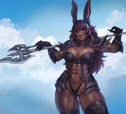 1girl abs akira_raikou animal_ears armor bikini_armor black_hair black_lips blue_sky clawed_gauntlets cloud cloudy_sky contrapposto cowboy_shot dark-skinned_female dark_skin final_fantasy highres long_hair looking_at_viewer multicolored_hair muscular muscular_female navel purple_eyes rabbit_ears red_hair shiny_skin sky solo square_enix thick_thighs thighs two-tone_hair viera weapon weapon_request 