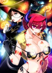  10s 2girls alternate_costume alternate_hairstyle bikini black_bikini black_hair braid breasts candy cleavage collarbone cowboy_shot demon_girl demon_horns demon_tail food french_braid front-tie_bikini_top front-tie_top glasses grey_eyes halloween halloween_costume hat heart heart_tattoo highres horns ishida_akira jack-o&#039;-lantern large_breasts licking lollipop maid-chou_(maoyuu) maou_(maoyuu) maoyuu_maou_yuusha medium_breasts multiple_girls navel pink_eyes pulled_by_self red_hair rimless_eyewear shawl short_hair side-tie_bikini_bottom star_tattoo stole stomach strap_pull swimsuit tail tattoo tongue tongue_out underboob witch witch_hat 