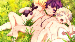 3boys ahoge barefoot blonde_hair blue_eyes blush closed_eyes closed_mouth collarbone commentary_request completely_nude diffraction_spikes feet_out_of_frame flaccid grass highres kurotsuki_(luowei99) leaf linea_alba looking_at_viewer lying male_focus multiple_boys navel nipples nude on_back one_eye_closed open_mouth original outdoors outie_navel penis pillow purple_eyes purple_hair short_hair shota testicles uncensored rating:Explicit score:265 user:danbooru