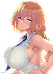 1girl artist_name bangs bare_arms bare_shoulders blonde_hair blue_eyes blush bosshi braid braided_ponytail breasts closed_mouth collared_shirt fate/apocrypha fate/grand_order fate_(series) hand_on_own_cheek hand_on_own_face highres huge_breasts jeanne_d&#039;arc_(fate) jeanne_d&#039;arc_(girl_from_orleans)_(fate) large_breasts long_hair looking_at_viewer necktie purple_necktie shirt sideboob signature simple_background skindentation sleeveless sleeveless_shirt smile solo upper_body white_background white_shirt 