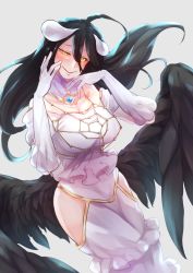  1girl ahoge albedo_(overlord) ayatake_noboru bare_shoulders black_hair black_wings breasts cleavage demon_girl demon_horns dress gloves hair_between_eyes highres hip_vent horns large_breasts long_hair looking_at_viewer overlord_(maruyama) smile solo white_dress white_gloves wings yellow_eyes  rating:Sensitive score:6 user:Touchtail
