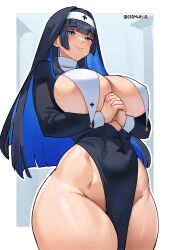  1girl absurdres artist_name black_hair blue_background blue_eyes blue_hair blunt_bangs blush border breasts closed_mouth cowboy_shot cromwellb highleg highres hololive hololive_english huge_breasts long_hair multicolored_hair no_panties nun ouro_kronii revealing_clothes simple_background solo standing two-tone_hair virtual_youtuber white_border  rating:Questionable score:161 user:DarkToonLink
