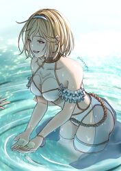  1girl arm_scrunchie ass bikini blonde_hair breasts casual_one-piece_swimsuit cleavage djeeta_(granblue_fantasy) djeeta_(summer)_(granblue_fantasy) dress_swimsuit emiryun_pic granblue_fantasy highres layered_swimsuit official_alternate_costume one-piece_swimsuit short_hair solo swimsuit thigh_strap white_one-piece_swimsuit 
