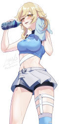  1girl :d absurdres alternate_costume blonde_hair blue_shirt blush bottle breasts commentary cowboy_shot crop_top genshin_impact grey_skirt highres holding holding_bottle looking_at_viewer lumine_(genshin_impact) medium_breasts medium_hair midriff miniskirt navel open_mouth shirt short_shorts shorts shorts_under_skirt skirt sleeveless sleeveless_shirt smile solo standing stomach thighs towel wagashi425 water_bottle yellow_eyes 