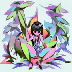  axe black_hair colored_skin highres jnt leaf multicolored_skin nipple_slip nipples plant purple_eyes sitting spread_legs thick_thighs thighs weapon  rating:Questionable score:8 user:Nergal