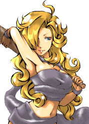  1990s_(style) 1girl almegamilk armpits arms_up ayla_(chrono_trigger) blonde_hair blue_eyes breasts chrono_(series) chrono_trigger cleavage club_(weapon) curly_hair female_focus hair_over_one_eye hand_on_own_hip long_hair looking_at_viewer retro_artstyle simple_background solo tank_top weapon white_background 