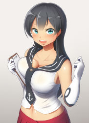 1girl agano_(kancolle) anchor_symbol bare_shoulders black_hair blue_eyes blush breasts cleavage clipboard collarbone elbow_gloves gloves gradient_background grey_background holding kantai_collection large_breasts long_hair looking_at_viewer maku_ro motion_lines navel red_skirt round_teeth shiny_skin shirt skirt sleeveless sleeveless_shirt solo tareme teeth unaligned_breasts upper_body upper_teeth_only w_arms white_gloves white_shirt rating:Sensitive score:15 user:danbooru