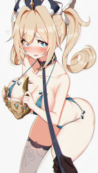 1girl absurdres barbara_(genshin_impact) bare_arms bare_shoulders bikini black_choker blonde_hair blue_bikini blue_eyes blush breasts choker cleavage collarbone genshin_impact halterneck hat highres holding large_breasts leaning_forward leash long_hair looking_at_viewer nose_blush parted_lips pov pov_hands solo_focus strap_gap string_bikini swimsuit tears thighhighs thighs twintails viewer_holding_leash w.k white_headwear white_thighhighs rating:Sensitive score:99 user:danbooru