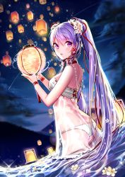  1girl afloat bad_id bad_pixiv_id beads braid choker cloud cowboy_shot cross-laced_clothes crying diffraction_spikes eyebrows fire floral_print flower from_side hair_flower hair_ornament hair_ribbon highres holding honnou_(kjs9504) jewelry lantern light_particles long_hair looking_back mountain necklace night night_sky original outdoors panties paper_lantern purple_eyes purple_hair red_ribbon ribbon see-through sky sky_lantern solo standing star_(sky) tassel tears tress_ribbon twintails underwear very_long_hair wading white_flower white_panties wrist_ribbon x_hair_ornament  rating:Questionable score:9 user:danbooru
