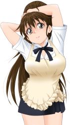  1girl apron arms_behind_head arms_up bad_id bad_pixiv_id breasts brown_eyes brown_hair highres large_breasts long_hair looking_at_viewer ponytail smile solo standing taneshima_popura toshipiyo waitress working!! 
