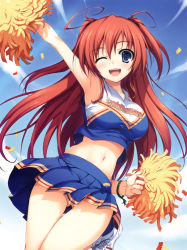  1girl ;d absurdres armpits belly blue_eyes blue_sky blush bracelet cheerleader clothes_lift crop_top crop_top_overhang day highres jewelry lens_flare long_hair midriff navel no_panties one_eye_closed open_mouth original pleated_skirt pom_pom_(cheerleading) red_hair shiny_skin shirt shoes skirt skirt_lift sky smile sneakers solo taut_clothes taut_shirt thigh_gap thighs tomose_shunsaku wind wind_lift wink  rating:Sensitive score:59 user:danbooru