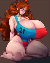  1girl android_21 barefoot blue_eyes breasts brown_hair cameltoe cleavage covered_erect_nipples dragon_ball earrings female_focus full_body gigantic_breasts glasses highleg highleg_panties highres jewelry kneeling lips long_hair looking_at_viewer panties ricechan solo sports_bra thick_thighs thighs underwear wide_hips 