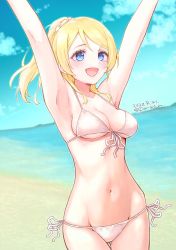  1girl armpits arms_up ayase_eli bad_id bad_twitter_id beach bikini blonde_hair blue_eyes blue_sky breasts commentary cowboy_shot day dutch_angle front-tie_bikini_top front-tie_top gluteal_fold groin hair_ornament hair_scrunchie highres horizon looking_to_the_side love_live! love_live!_school_idol_project medium_breasts medium_hair miyamae_porin navel ocean open_mouth outdoors ponytail scrunchie side-tie_bikini_bottom sky smile solo standing swimsuit thigh_gap twitter_username white_bikini white_scrunchie 